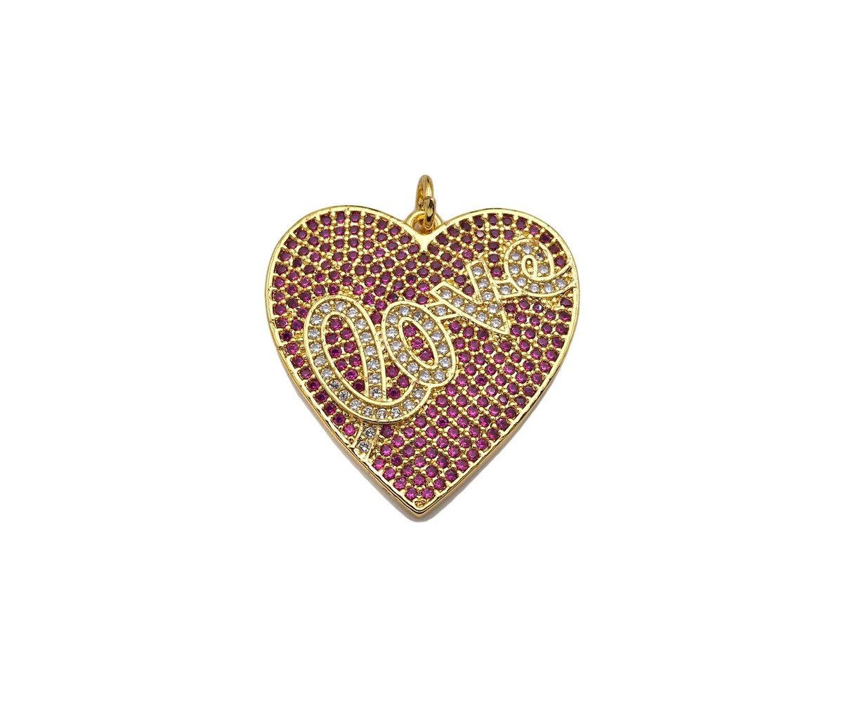 Fuchsia CZ Micro Pave Love On Heart Shape Pendant,Cubic Zirconia