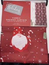 Fabric Shower Curtain Christmas Bathroom Accessories Gnomes Candy-cane Snow Red