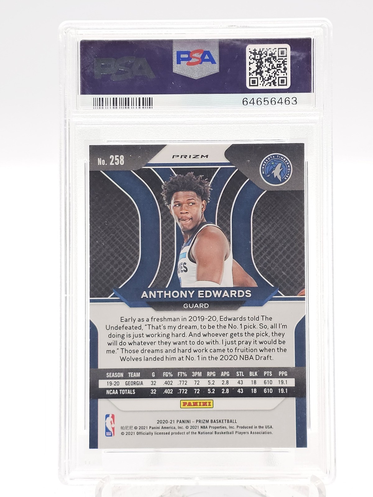 ANTHONY EDWARDS 2020-21 PRIZM SILVER ROOKIE #258 TIMBERWOLVES PSA 10 Q1405 view 2