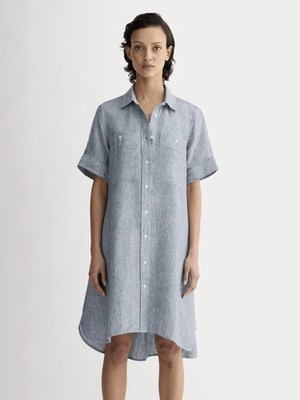 Everlane The Daytripper Linen Shirtdress in White Blue Large Pockets - Brand New