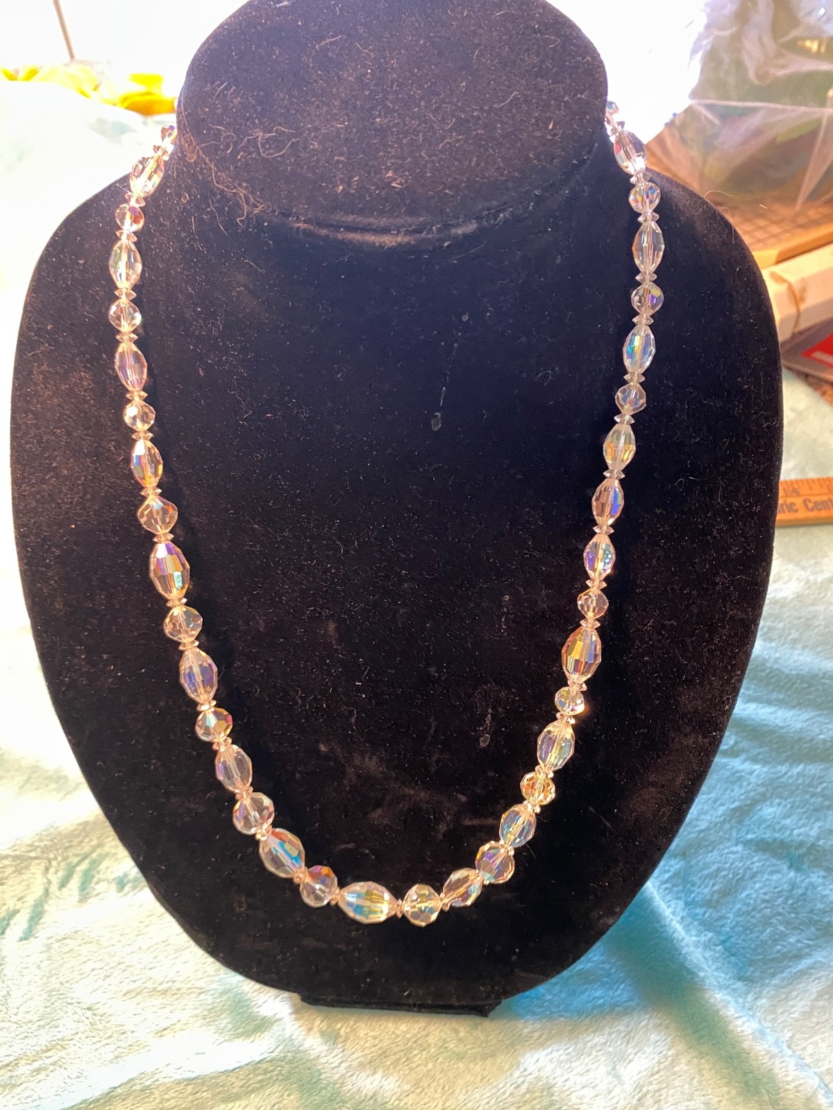 Vintage Aurora Borealis Beaded Necklace AB Glass Crystal Graduated 26 In
