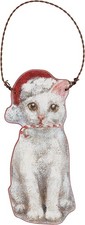 Primitives By Kathy White Cat with Santa Hat and Scarf Wooden Christmas Ornament