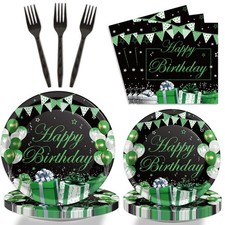 96 PCS Green Silver Black Birthday Party Tableware Set Plates Napkins Forks