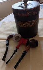 VINTAGE LEATHER WRAPPED TOBAC JAR W/ 3 PIPES