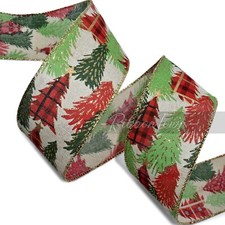 10 Yards Christmas Trees Red Green Plaid Wired Ribbon 2.5"W