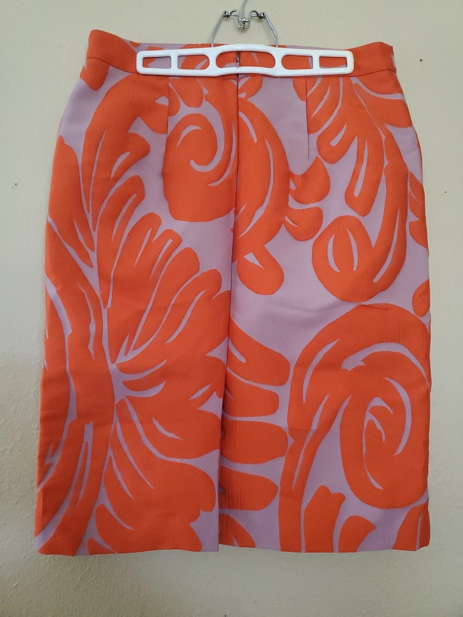 Ann Taylor Textured Jacquard Vibrant Orange Pink Fan Leaf Pencil Skirt Size 10