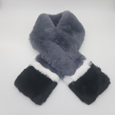 Gray Black White Faux Fur Fluffy Furry Pull Through Scarf Colorblock Neck Wrap