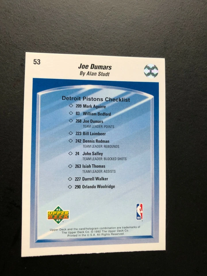 Nice 1992 JOE DUMARS Upper Deck Basketball Card # 53 Made in USA - Image 3 of 4