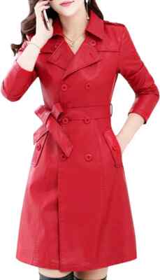 Genuine Stylish Casual Soft Red Women Trench Coat Leather  Handmade Lambskin