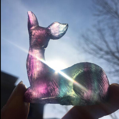 2'' Hand Carved Rainbow fluorite deer Natural stone Quartz Crystal skull healing