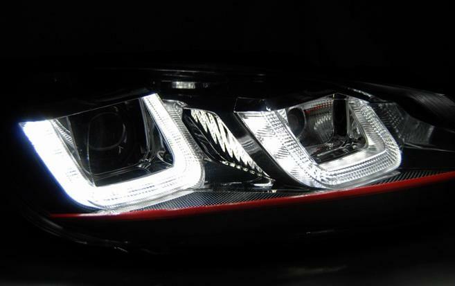 Feux phares VW Golf 6 08-12 led U-type DRL noir liner rouge