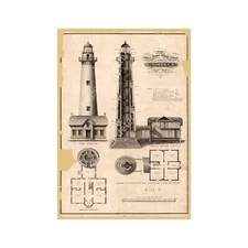 Lighthouse Print, Antique Architectural Nautical Drawing Wall Art Décor, 7"x10"