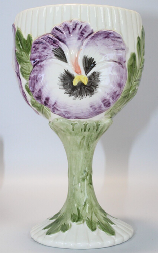Vintage Fitz & Floyd April Flowers PURPLE Pansy Flower Ceramic Goblet Wine Glass