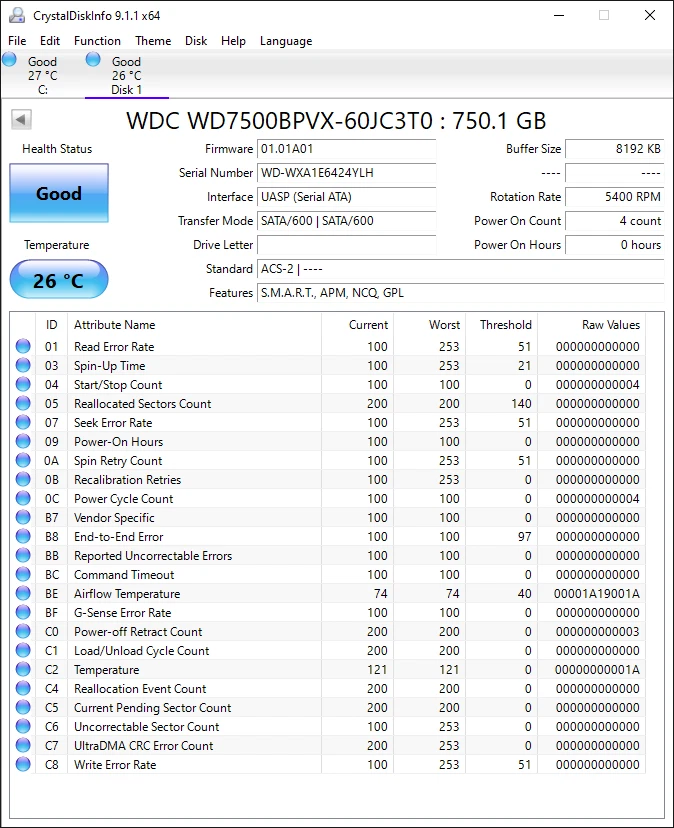 WD7500BPVX-60JC3T0 dcm: EB0T2BK AUG 2014 750GB SATA Malaysia 2.5 WESTERN DIGITAL - Image 2 of 3