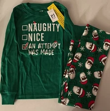 PJ Place Unisex Boy/Girl Size 6 “Nice List” Green Snug Pajama Set Christmas