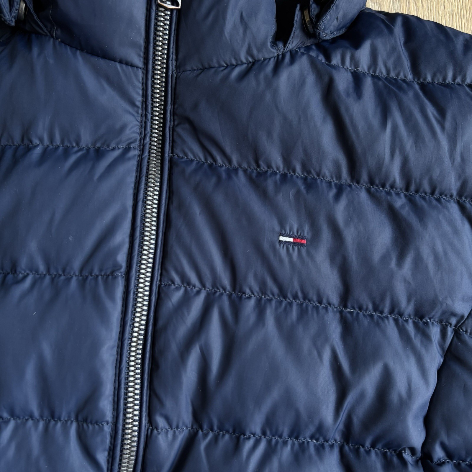 Tommy Hilfiger Essential Duck Down Padded Jacket Hooded Navy Puffer Men’s Large image 3