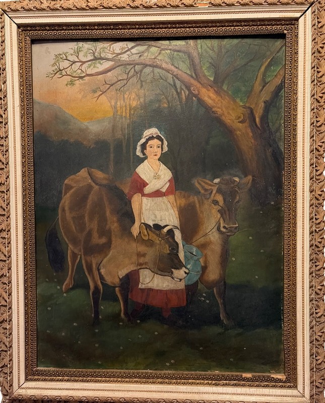 ANTIQUE COUNTRY FARM PRIMITIVE FOLK ART DAIRY COWS GIRL OIL PAINTING WOOD FRAME