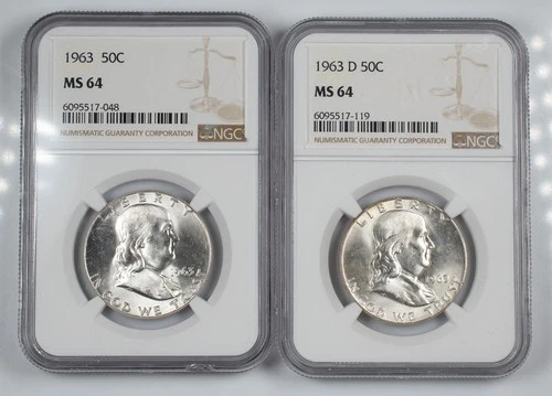 Certified 1963 1963-D Franklin Half Dollars NGC MS64 Silver 50c x2