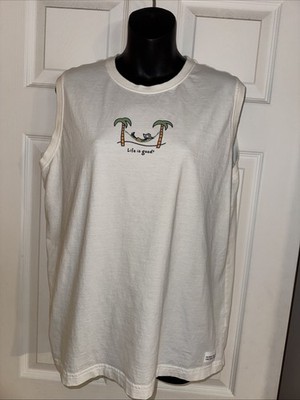 Life Is Good White Tank Top Women s Graphic T Sleeveless Vacation Tropical Sz L