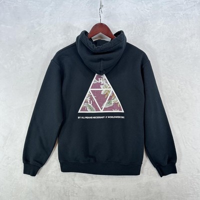 HUF Hoodie Mens Small Black Triple Triangle Floral Pullover Sweatshirt Fleece