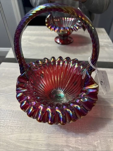 FENTON RUBY RED CARNIVAL FLORAL BASKET Hand painted by K. Pickenpaugh VINTAGE!!