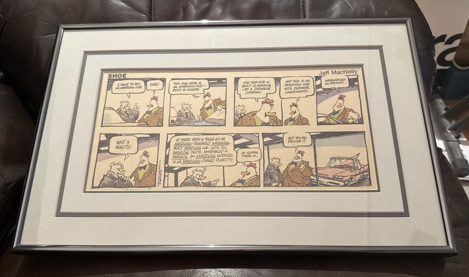 VTG 1992 Jeff MacNelly Framed Triple Matted SHOE Cartoon Comic American Made Car Comic Art