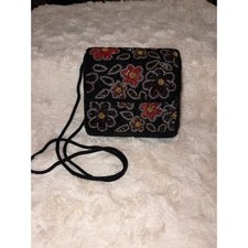76. Vintage Lord Taylor Beaded Floral Black Evening Purse Strap Y2K
