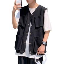 Men's Cargo Vest Retro Pocket Waistcoat Sleeveless Jacket Gilet Casual Tops Thin