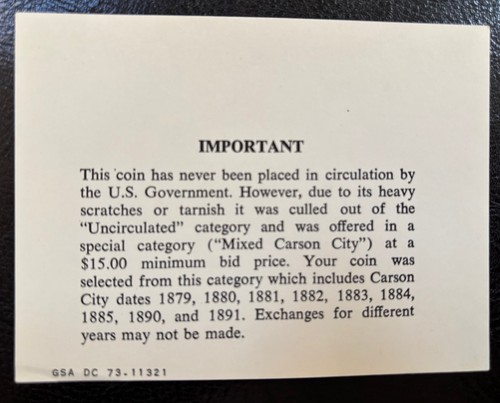 Generic COA for GSA Dollars "MIXED CARSON CITY"-NO COIN, NO BOX-Slight Imperfect