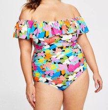 Swim Solutions Plus Size Tummy Control Off-The-Shoulder Ruffled Swimsuit 16W