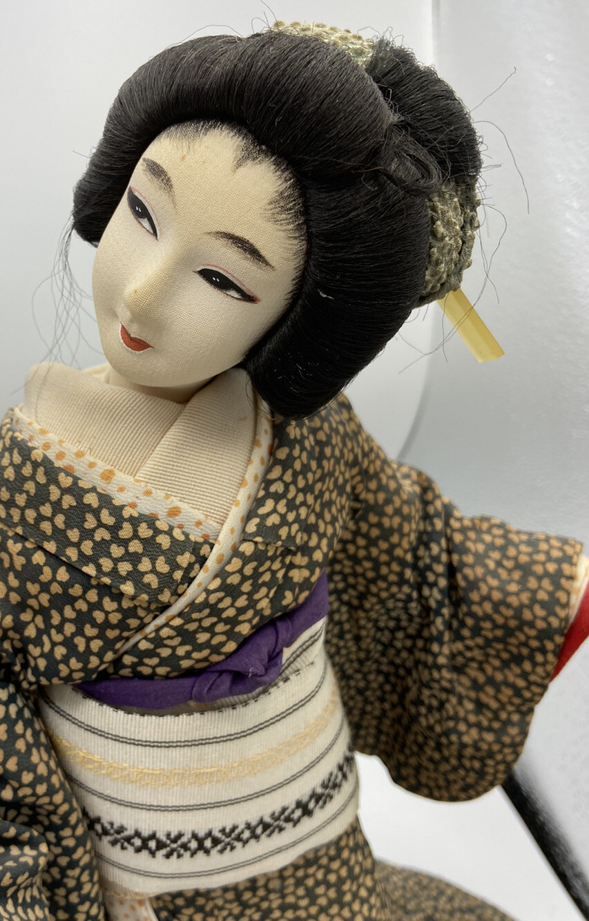 Vintage 1960's Japanese Geisha Dolls & Shamisen on Wooden Base Geisha