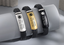 Custom Engraved Medical ID Bracelet Titanium Steel Choice Black, Gold or Silver