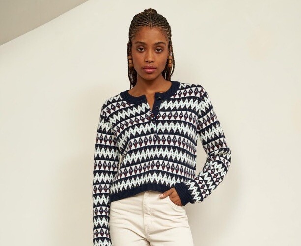 LA LIGNE Courchevel Fair Isle Marino Wool Henley Pullover Sweater
