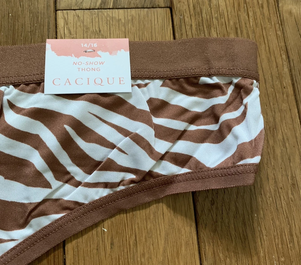 Plus Size 14/16 Lane Bryant Cacique No Show Thong Cafe Mocha Cream Zebra Stripe - Image 2 of 4