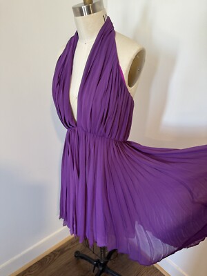 NWT SZ 12 Halston Heritage Purple Pleated Halter Designer Dress