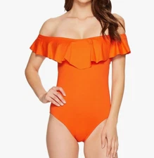 Trina Turk Monaco Ruffle Off Shoulder Swimsuit Womens Size 4 Flame Orange NWT