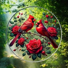 2D Flat Acrylic Red Cardinal Rose Suncatcher Window Ornament Home Garden Decor