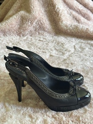 Chanel Black Patent Leather Pump Sling back with Silver Chain and