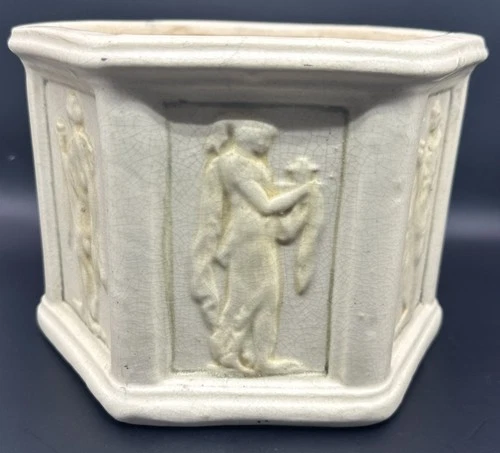 WELLER CLINTON IVORY ART NOUVEAU GODDESS MAIDENS HEXAGON JARDINIERE PLANTER