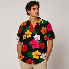 Matching Couples Hawaiian Shirts, Black Multicolor Hibiscus Print, His Hers