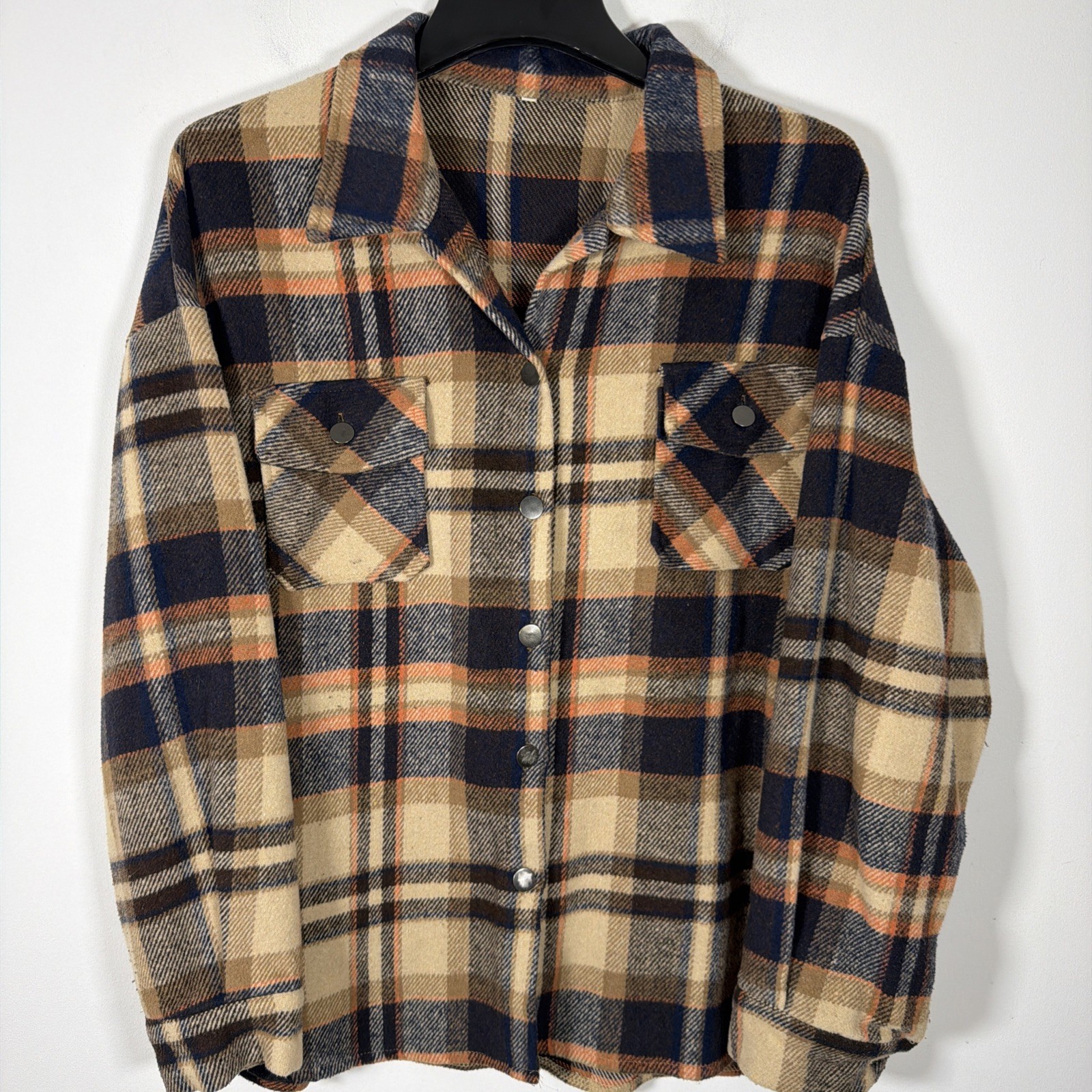 Flannel Plaid Button Down Long Sleeve Jacket Coat Shirt Shacket Orange Blue XL