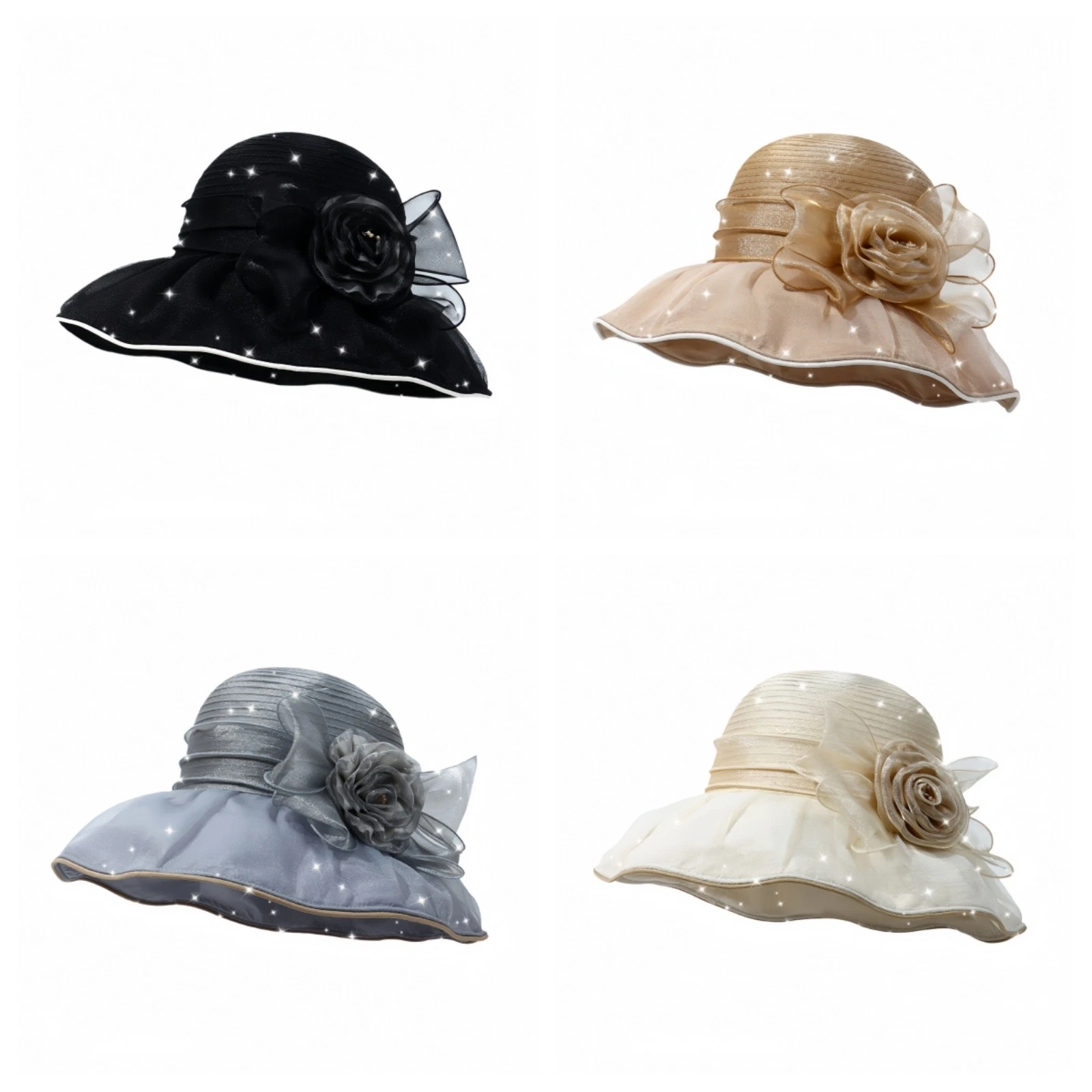 Women's Sun Hat UV Protection Wide Brim Organza Fascinator Summer Beach Hat