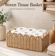 Woven Storage Basket Scalloped Edge Wooden Handle Toilet Tank Bathroom Tray Bin
