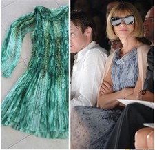 $3870 Prada Feather Logo Printed Green Tunic Dress 40 Pleated Scarf Chiffon