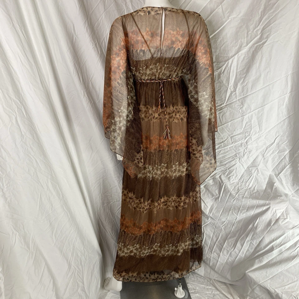 Maxi vestido manga kimono chifón años 60 70 capas talla 9/10 boho hippy cinturón Foto 2 de 4