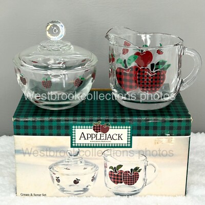 ~3pc Set Anchor Hocking Applejack Glass Cream & Sugar Set Buffalo Plaid Apple