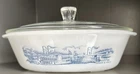 Vtg Oval Milk Glass Casserole Dish & Clear Lid Glasbake Currier & Ives 10" USA