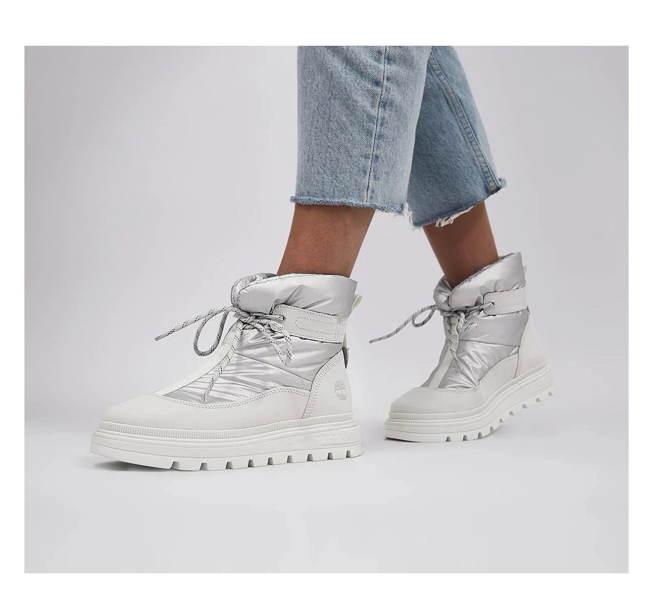 Stivali Timberland donna Ray City bianco argento puffer taglia US 7 NUOVI