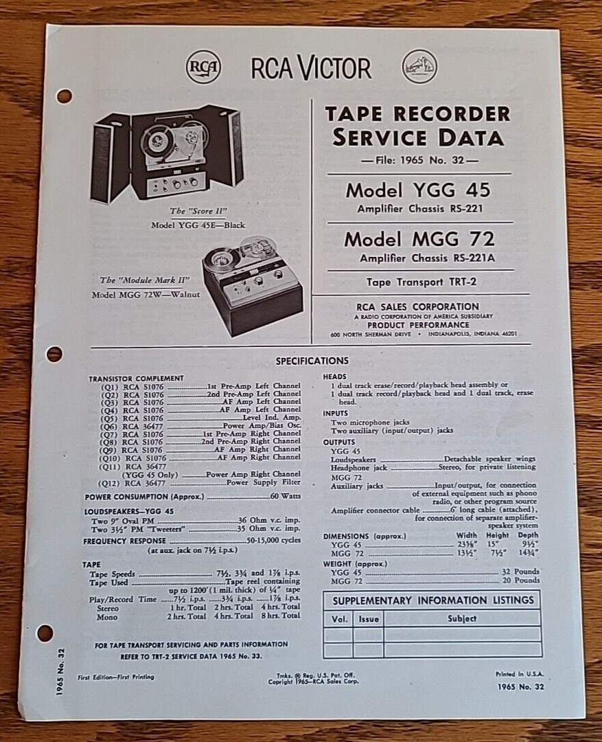 Vintage RCA Victor Tape Recorder Service Data Model YGG 45 MGG 72