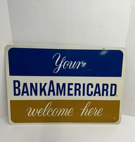 Vintage Metal Gas Station Sign Bank Americard Welcome Credit Card 18x26 Two Side